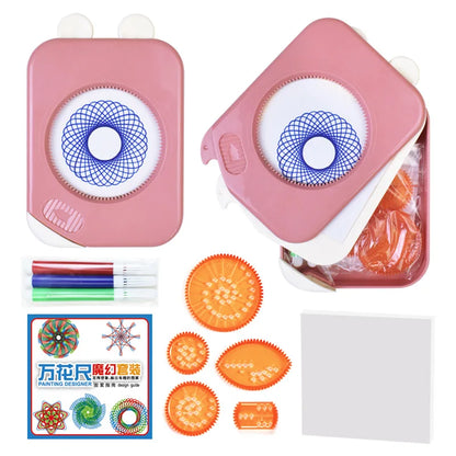 Creative Educational Toy Set for Kids Storage Box with Interlocking Gear Wheels Drawing Ruler Paper Pens and Spirograph Design