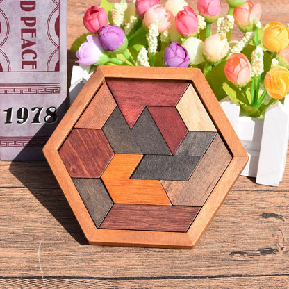 Montessori Logic Thinking Training Jigsaw Puzzle Wooden Hexagon Tangram Learning Kids Toys Educational Rompecabezas De Madera