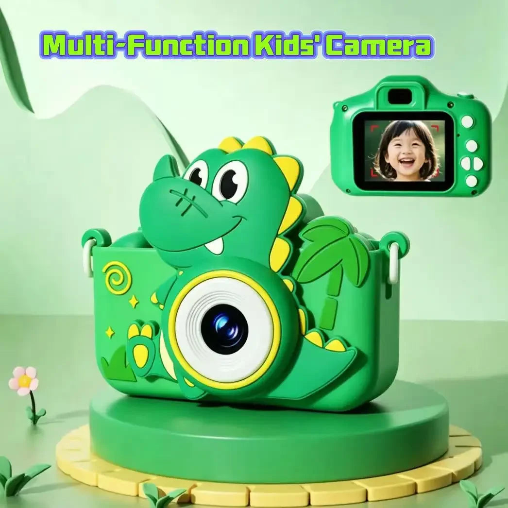 Dual Lens Kids Digital Camera Cartoon Green Dinosaur HD Shooting Video Recording 128G Portable Toy Camera Children Birthday Gift