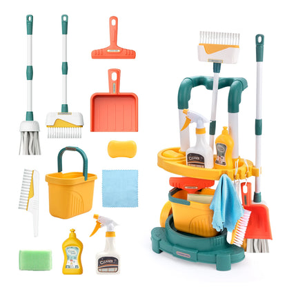 12pcs/set Kids cleaning Set with Handcart Simulated Life Cleaning Toys Pretend Play Hygiene Cleaning Play House Toy Boys&Girls