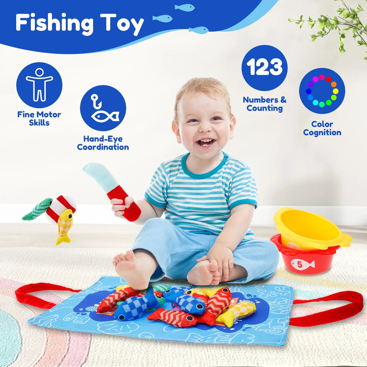 Montessori Fishing Game Soft Cloth Fishing Toys Fun Toddler Fishing Game Educational Fishing Game Set with Stackable Buckets