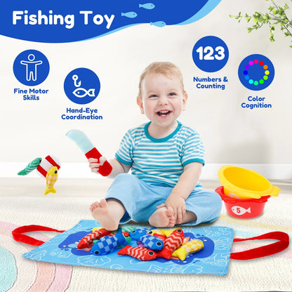 Montessori Fishing Game Soft Cloth Fishing Toys Fun Toddler Fishing Game Educational Fishing Game Set with Stackable Buckets