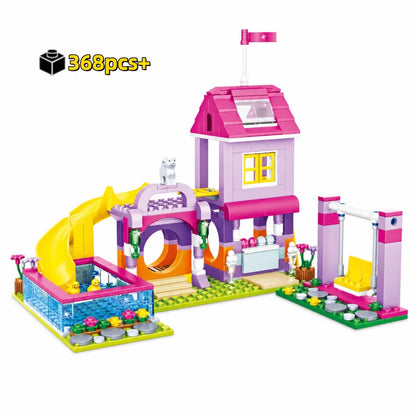 NEW Creative Girls Playground Building Blocks Set with Slide Swing Pool and Playhouse DIY City Street View Construction Toy Gift