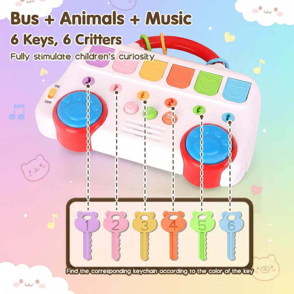 Montessori Early Education Toy, Key Matching Pop-Up Animal Bus, Sensory Development Educational Interactive Game