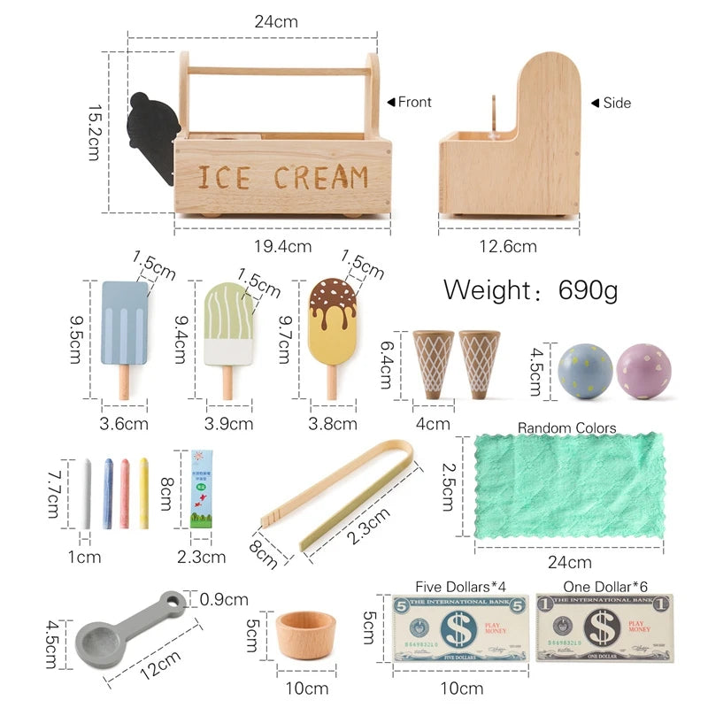 Wooden Ice Cream Toys Pretend Play Simulation Montessori Ice-cream Cone Kitchen Food Toys Preschool Educational for Kids Gifts