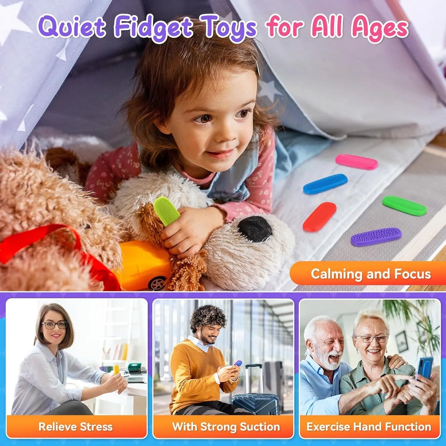 8/16 Pack Fidget Toys Kids Calm Strips Sensory Toys for Kids with Autism, Texture Suction Toys Worry Stone for Calming Down