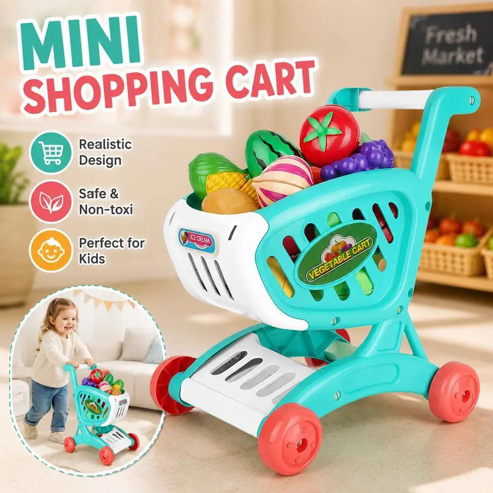 Kids Mini Shopping Cart Toy Pretend Play Kitchen Groceries Handcart Storage Basket Trolley Toy Gift for Toddler Boys Girls