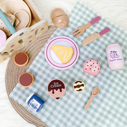 Wooden Picnic Pretend Play Toys Set with Wooden Storage Basket Educational Simulation Food Cooking Game for Kids 2 Years Gift