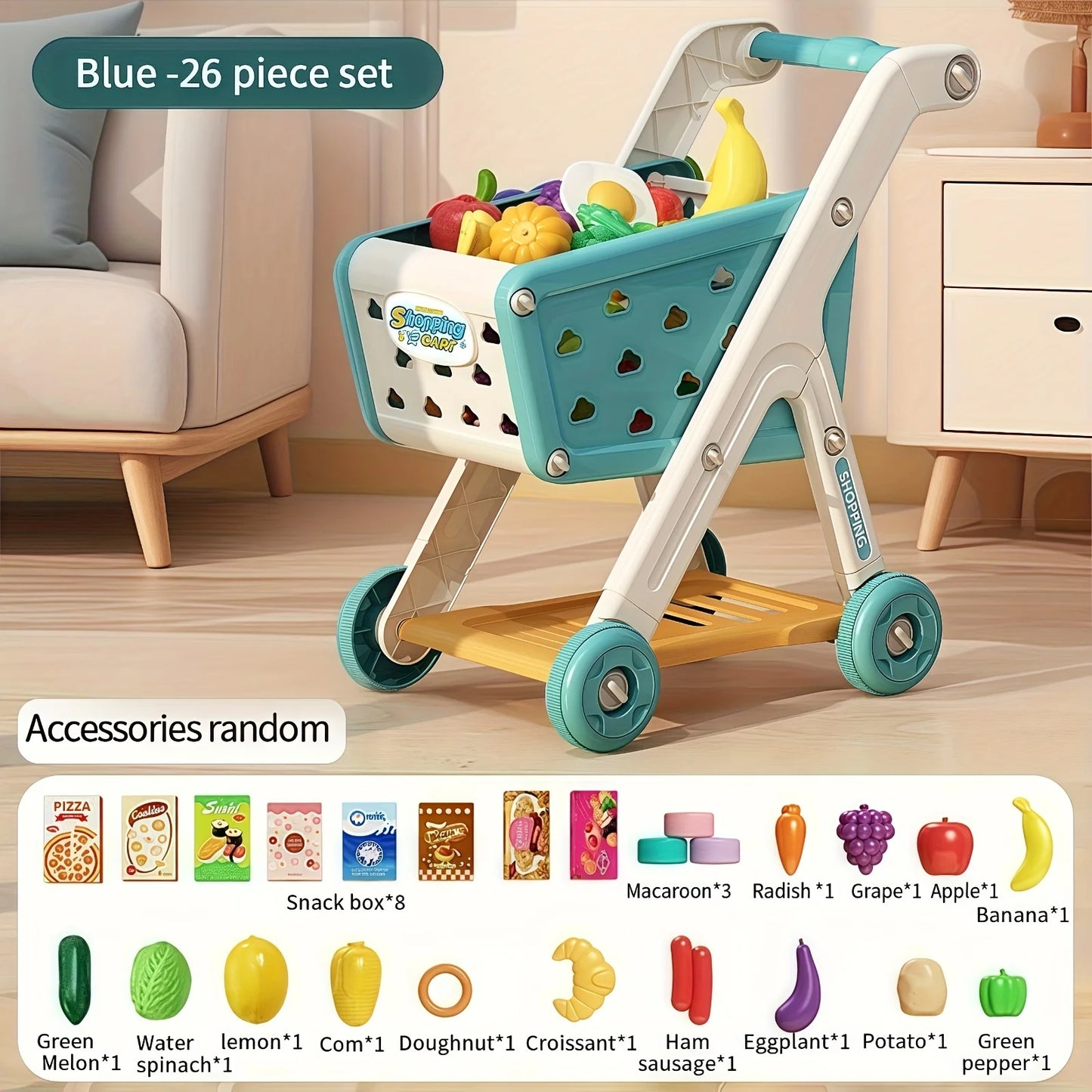 Kids Simulation Shopping Cart Toy Pretend Play Supermarket Trolley Groceries Food Early Education Toys for Boys Girls Gift