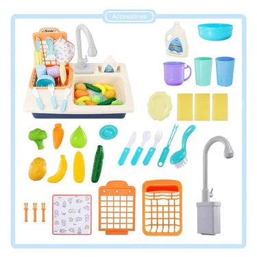 Kids Play Sink with Running Water, Toddler Sink Dishwasher Toy, Water Table Pretend Play for Toddlers Age 3+, Role Play Kitchen