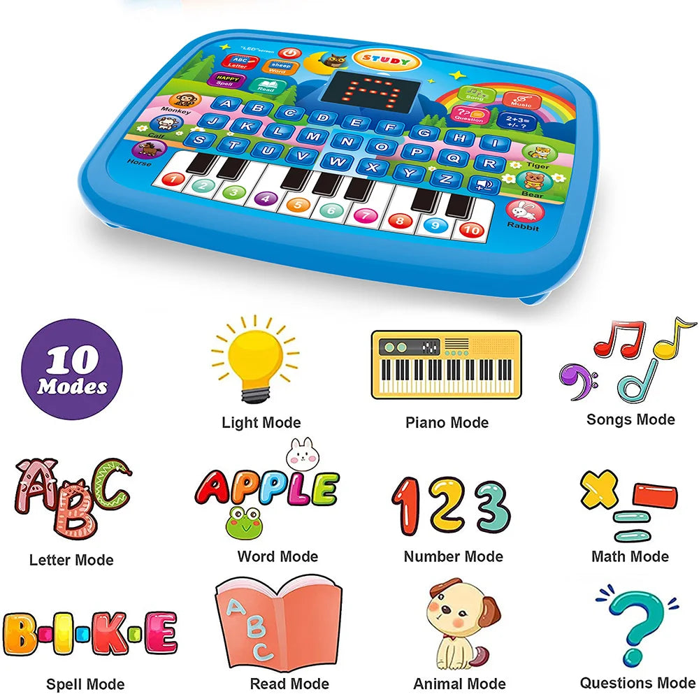 Kids Educational Learning Tablet Toy for Age 3+, Early Literacy Math Music Learning Pad with Electronic Keyboard, Birthday Chris
