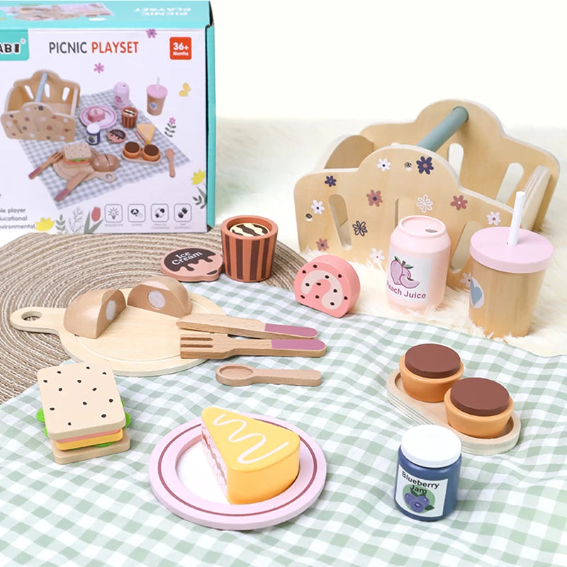Wooden Picnic Pretend Play Toys Set with Wooden Storage Basket Educational Simulation Food Cooking Game for Kids 2 Years Gift