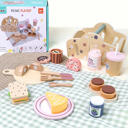 Wooden Picnic Pretend Play Toys Set with Wooden Storage Basket Educational Simulation Food Cooking Game for Kids 2 Years Gift