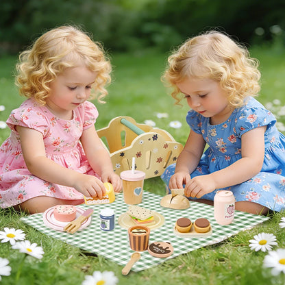 Wooden Picnic Pretend Play Toys Set with Wooden Storage Basket Educational Simulation Food Cooking Game for Kids 2 Years Gift