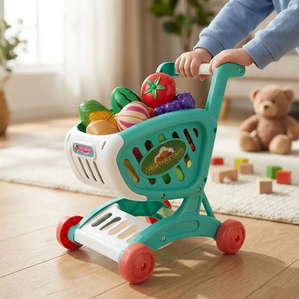 Kids Mini Shopping Cart Toy Pretend Play Kitchen Groceries Handcart Storage Basket Trolley Toy Gift for Toddler Boys Girls