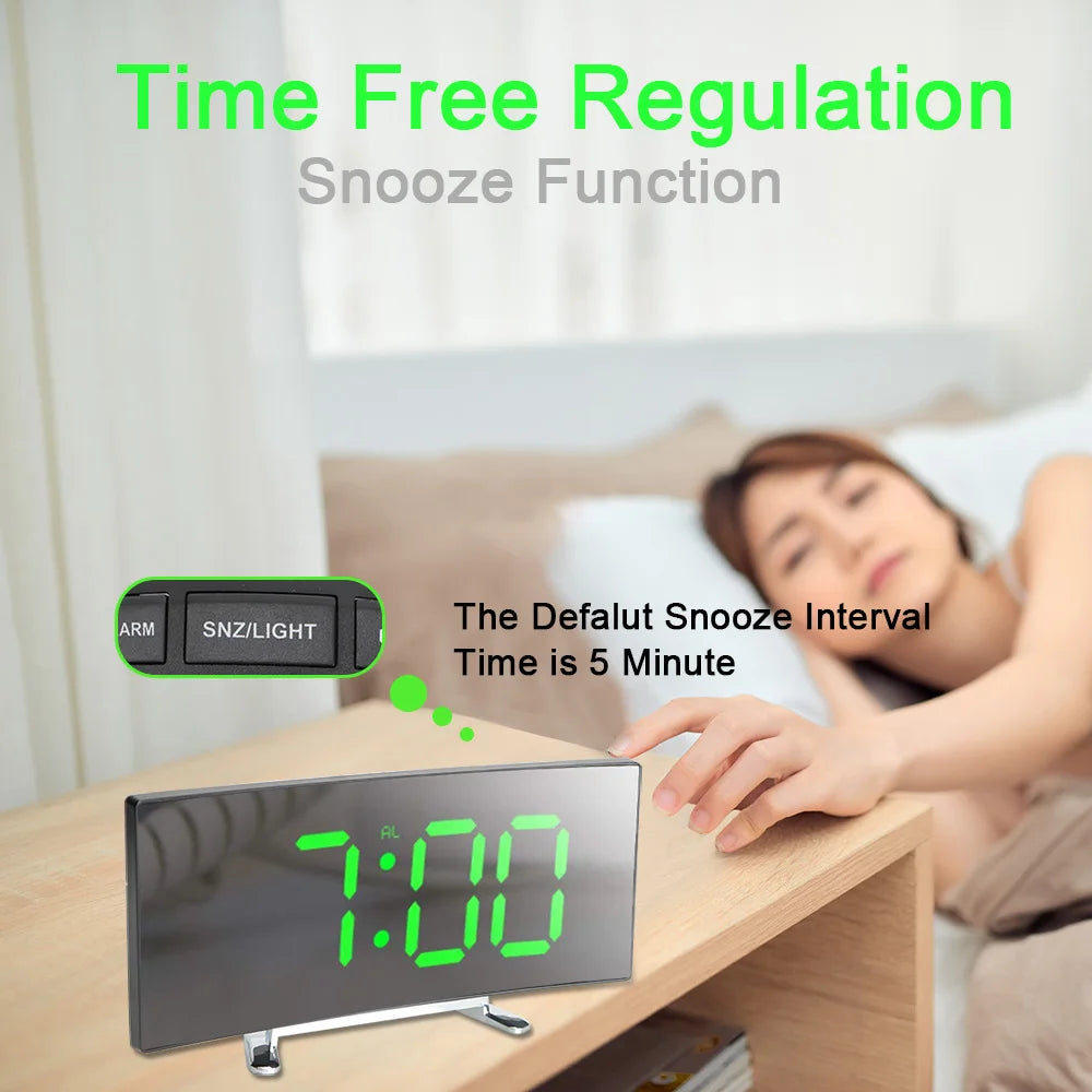 Desktop Clock 7 Inch For Kids Bedroom LED Screen Large Number Table Clock Digital Alarm Clock Curved Dimmable Mirror Clock