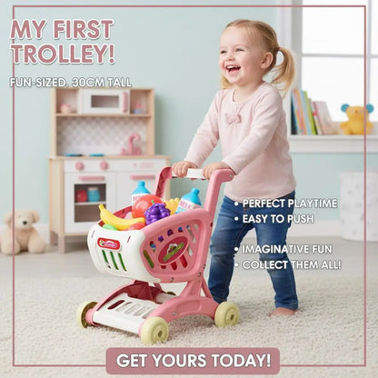 Kids Mini Shopping Cart Toy Pretend Play Kitchen Groceries Handcart Storage Basket Trolley Toy Gift for Toddler Boys Girls