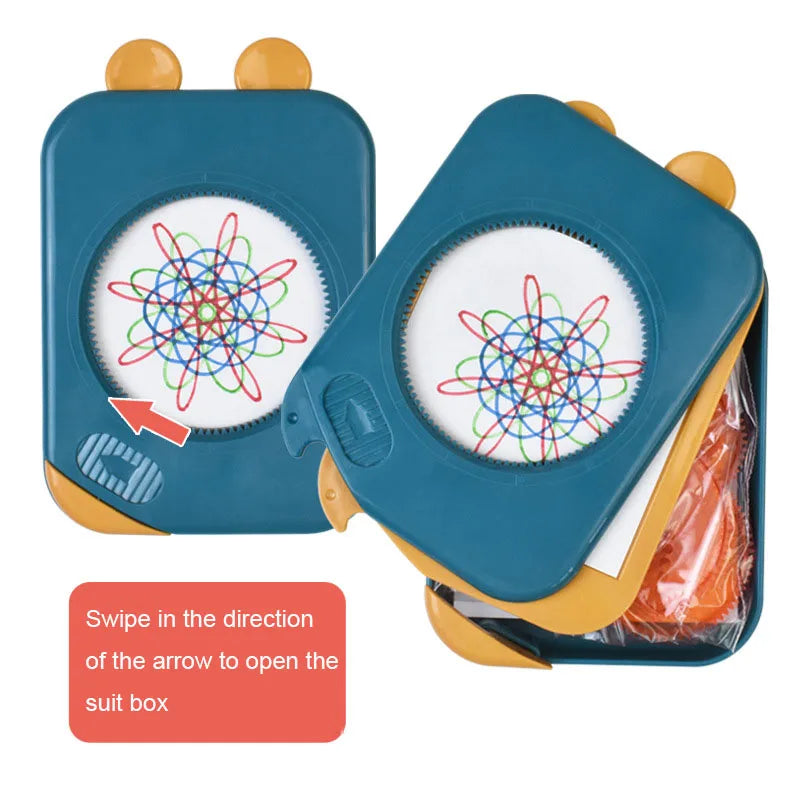 Creative Educational Toy Set for Kids Storage Box with Interlocking Gear Wheels Drawing Ruler Paper Pens and Spirograph Design