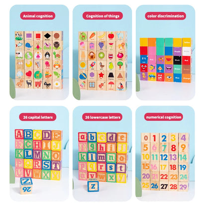 Montessori Wooden Number Blocks Early Learning Toys for Kids Letters Shape Color Animal Cognition Preschool Educational Puzzle