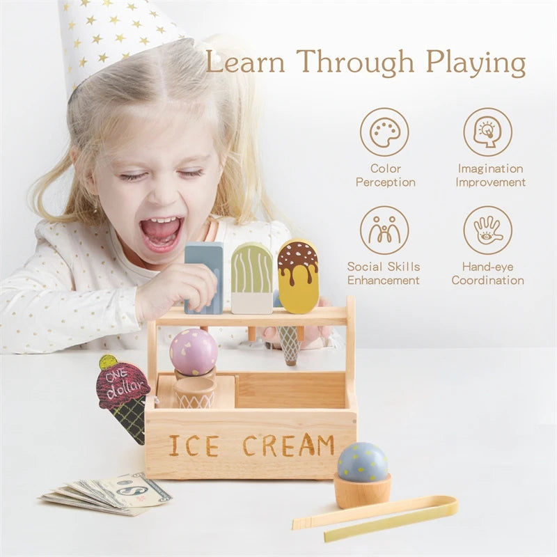 Wooden Ice Cream Toys Pretend Play Simulation Montessori Ice-cream Cone Kitchen Food Toys Preschool Educational for Kids Gifts