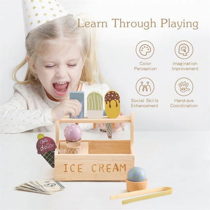 Wooden Ice Cream Toys Pretend Play Simulation Montessori Ice-cream Cone Kitchen Food Toys Preschool Educational for Kids Gifts