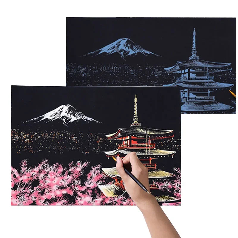 Handmade DIY Scratch Art Painting Toy Colorful City Night View Painting Learning Card Scratching Toy Kids Creative Birthday Gift