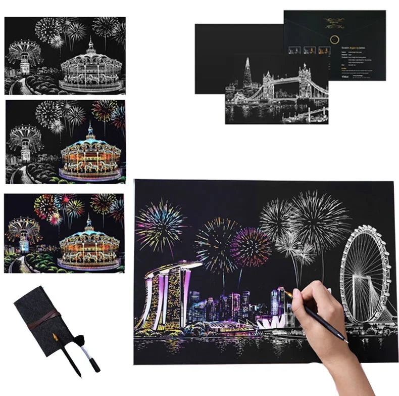 Handmade DIY Scratch Art Painting Toy Colorful City Night View Painting Learning Card Scratching Toy Kids Creative Birthday Gift