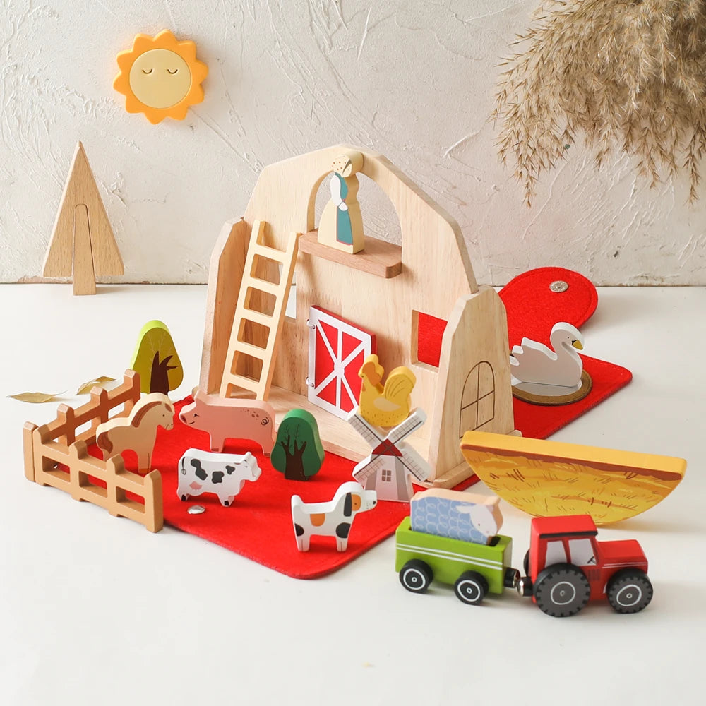 Montessori Barn Toys Baby Simulation Farm Wooden Toy Baby Education Enlightenment Scene Layout Interactive Puzzle Toy Baby Gift