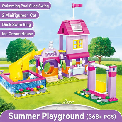 NEW Creative Girls Playground Building Blocks Set with Slide Swing Pool and Playhouse DIY City Street View Construction Toy Gift
