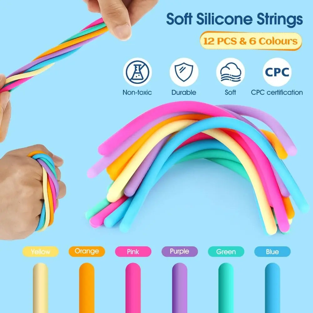 Silicone Sensory Activity Board 12 Strings Double-Sided Fidget Toy Calming Stress Relief Rainbow Sensory Toys ADHD and Autism