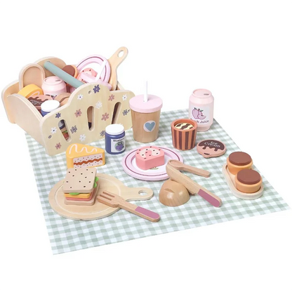 Wooden Picnic Pretend Play Toys Set with Wooden Storage Basket Educational Simulation Food Cooking Game for Kids 2 Years Gift