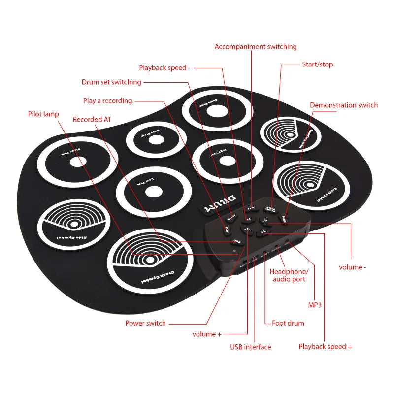 Electronic Drum Set Hand-rolled Drum 9-pad MIDI Interface Supports DTX Games Portable Drum Set Gifts with Drumsticks Pedals
