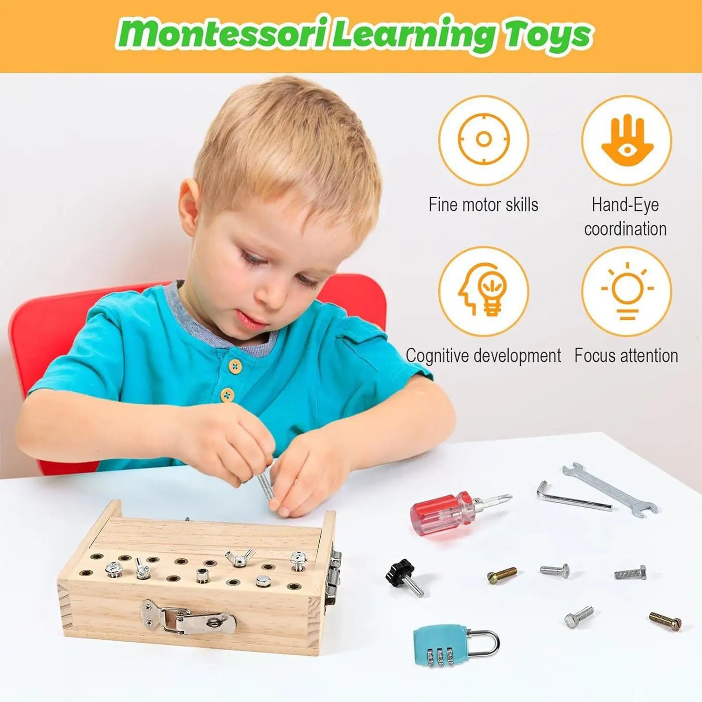 Montessori Screwdriver Board Toy Wooden Learning Key Lock Activity Sensory Fine Motor Skill Educational Toy for Kids Gifts