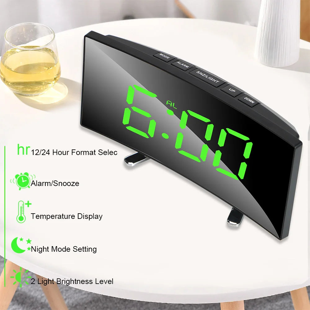 Desktop Clock 7 Inch For Kids Bedroom LED Screen Large Number Table Clock Digital Alarm Clock Curved Dimmable Mirror Clock