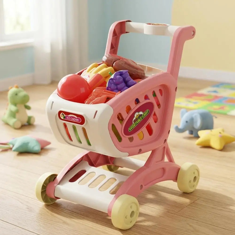 Kids Mini Shopping Cart Toy Pretend Play Kitchen Groceries Handcart Storage Basket Trolley Toy Gift for Toddler Boys Girls