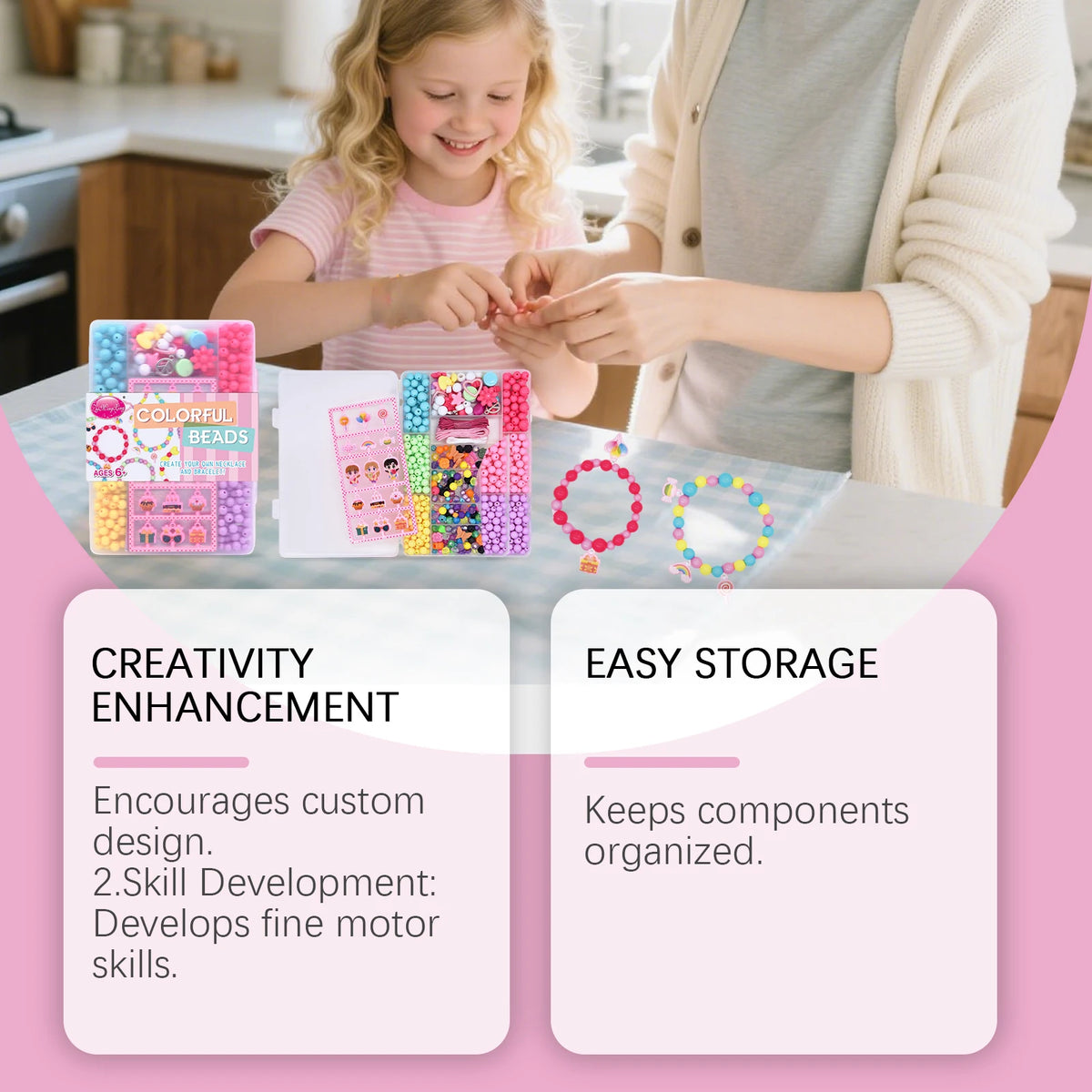 Colorful Kids DIY Bead Kit Bracelet Necklace Creative Art Birthday Toy Gift Girl Age 6+ Handmade Acrylic Multi‑shape Beading Set