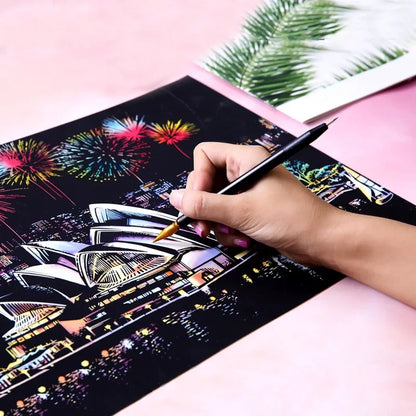 Handmade DIY Scratch Art Painting Toy Colorful City Night View Painting Learning Card Scratching Toy Kids Creative Birthday Gift