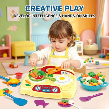 Colorful Pretend Kitchen Playset with play dough & tableware, multi-functional cooking toy, educational gift for kids