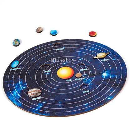 Baby Wooden Montessori Teaching Aids Science Cognition Jigsaw Puzzle Universe Solar System Eight Planet Matching Educational Toy