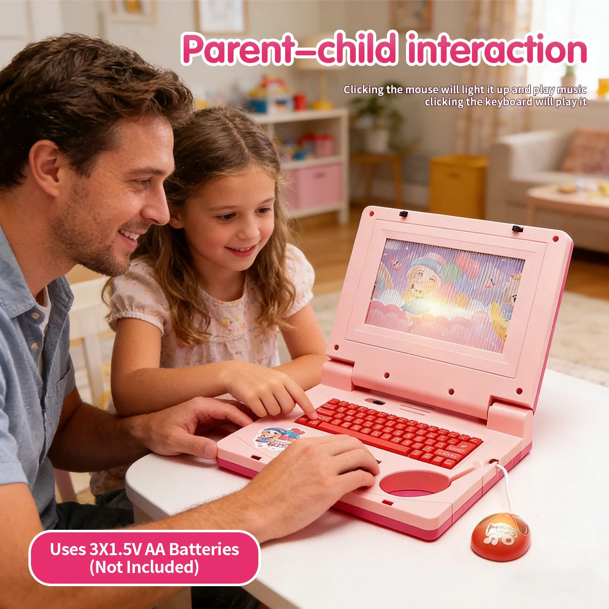 Pink Kids Learning Laptop Toy – Interactive Educational Computer with Music, Lights & Mouse for Early Development