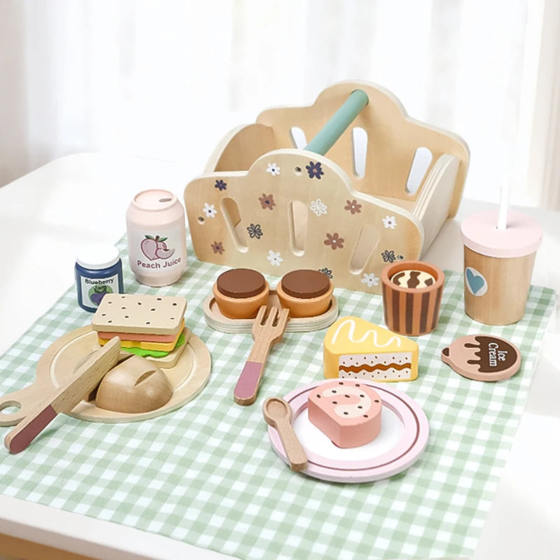 Wooden Picnic Pretend Play Toys Set with Wooden Storage Basket Educational Simulation Food Cooking Game for Kids 2 Years Gift