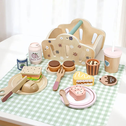 Wooden Picnic Pretend Play Toys Set with Wooden Storage Basket Educational Simulation Food Cooking Game for Kids 2 Years Gift