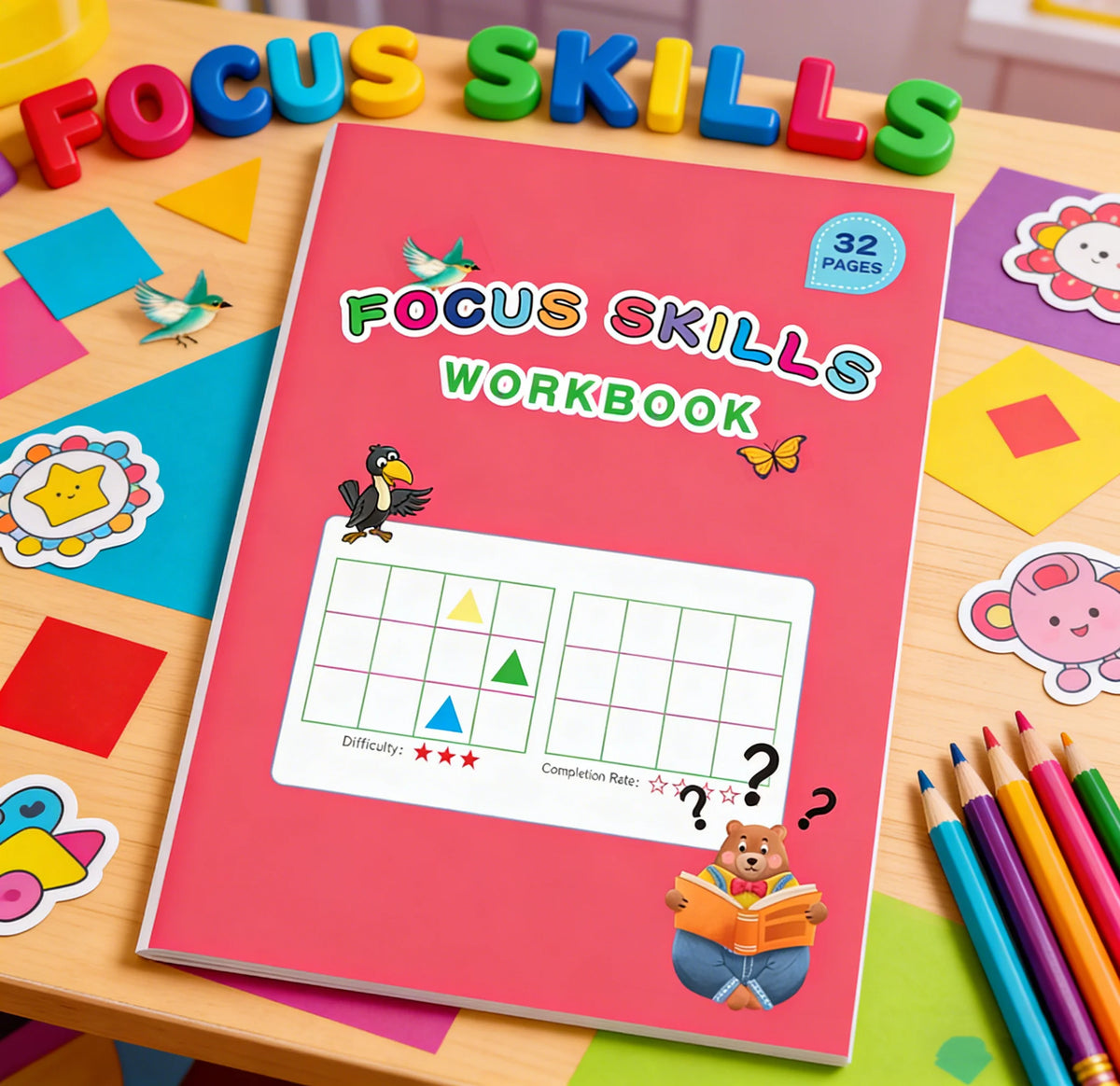Focus Skills Workbook for Kids,32 Pages Visual Attention Exercises,Preschool Early Learning Material to Boost Concentration