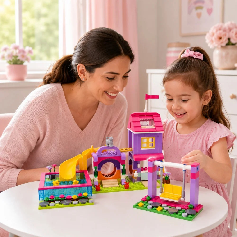 NEW Creative Girls Playground Building Blocks Set with Slide Swing Pool and Playhouse DIY City Street View Construction Toy Gift