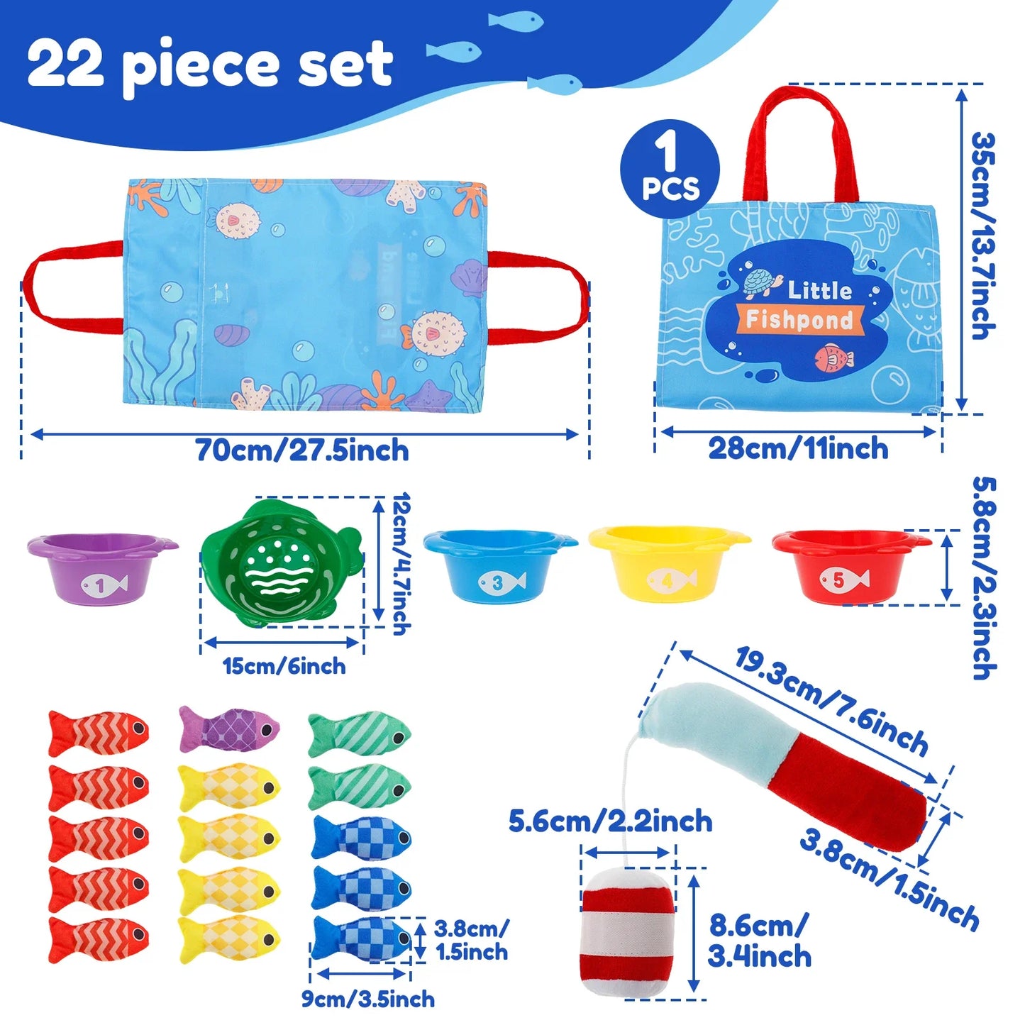 Montessori Fishing Game Soft Cloth Fishing Toys Fun Toddler Fishing Game Educational Fishing Game Set with Stackable Buckets