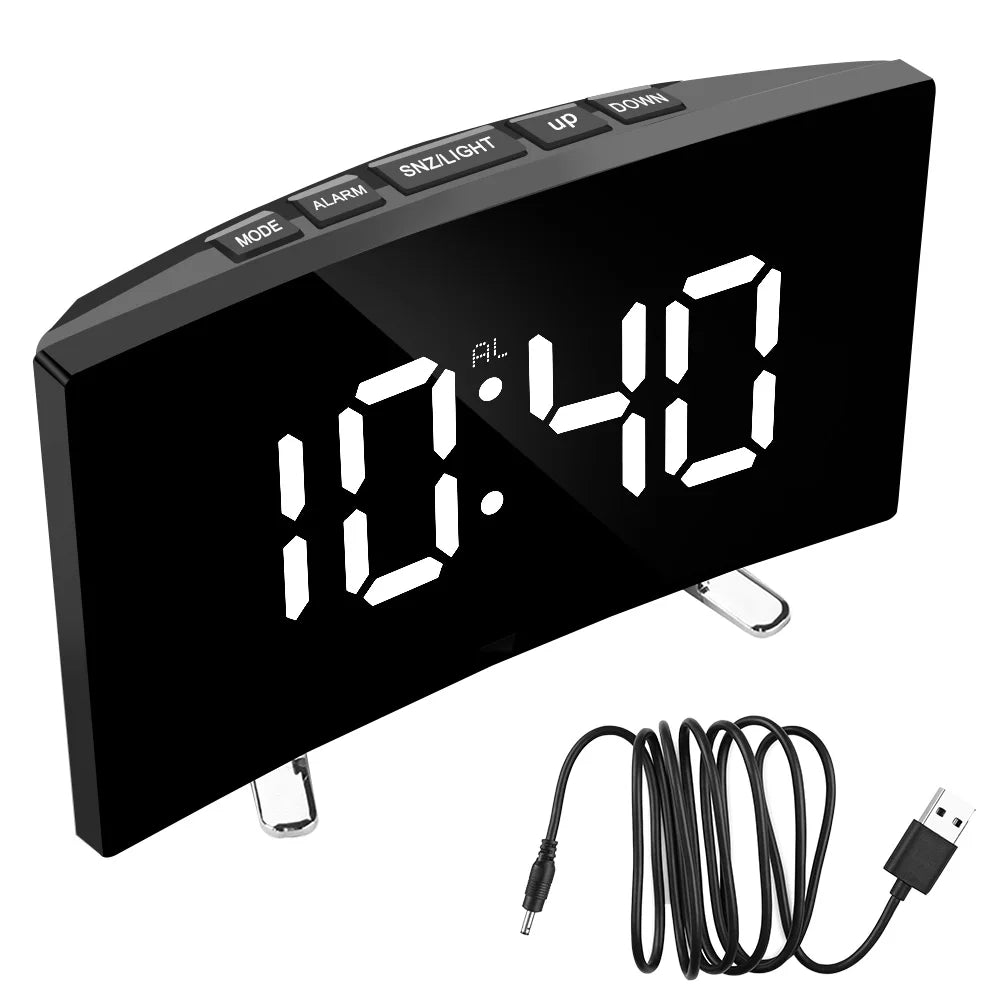 Desktop Clock 7 Inch For Kids Bedroom LED Screen Large Number Table Clock Digital Alarm Clock Curved Dimmable Mirror Clock