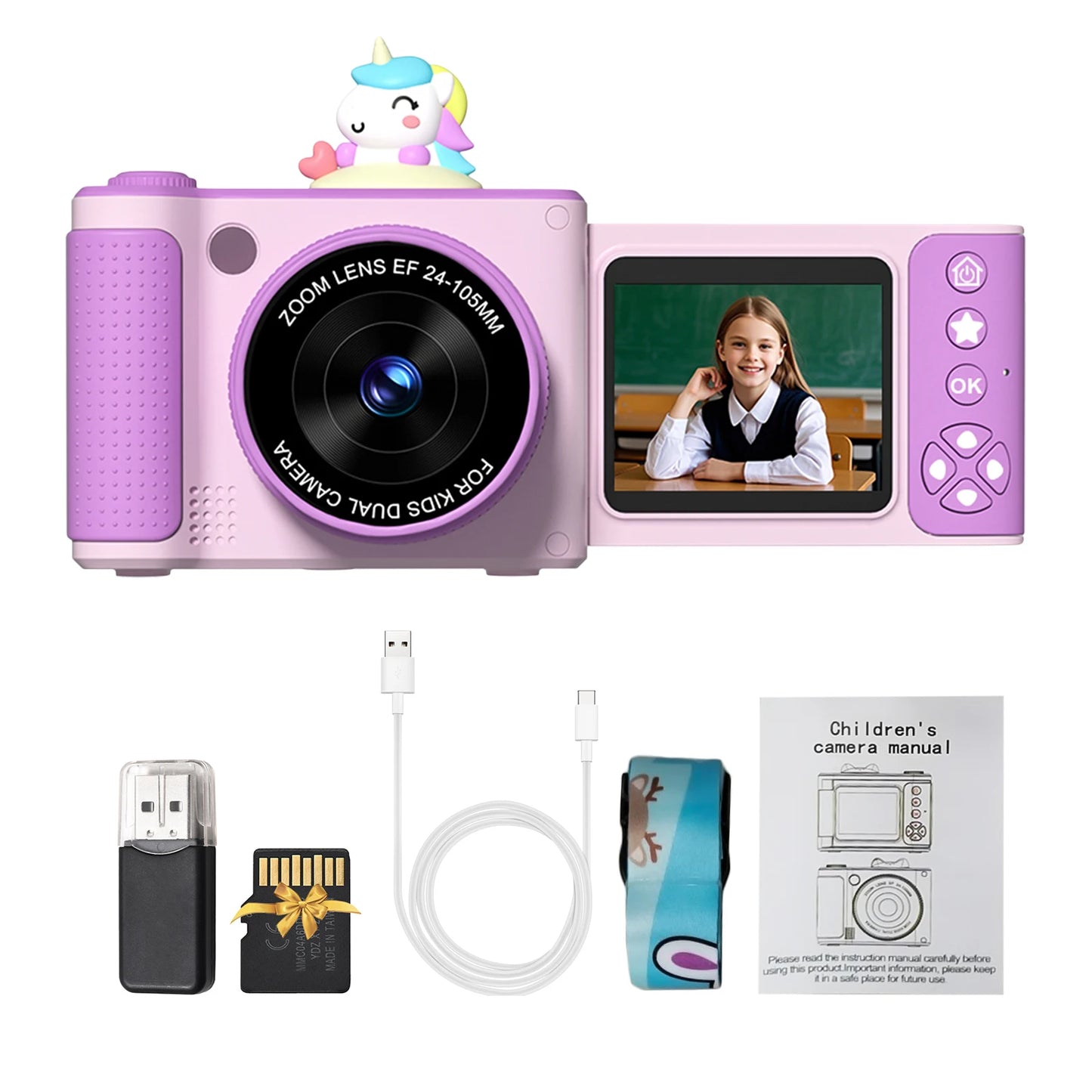 1080P Digital Camera for Kids Digital Video Camera 48MP 2.4 Inch Flip Screen 8X Zoom Telescopic Rotating Lens Gifts for Kids