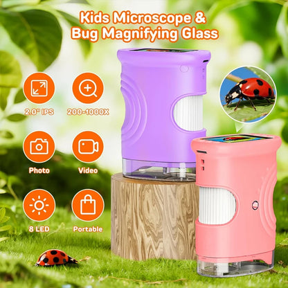 Digital Microscope for Kids 1000X Handheld 4K 2.0" Screen Handheld Rechargeable Mini Pocket Educational Science Toy for Children