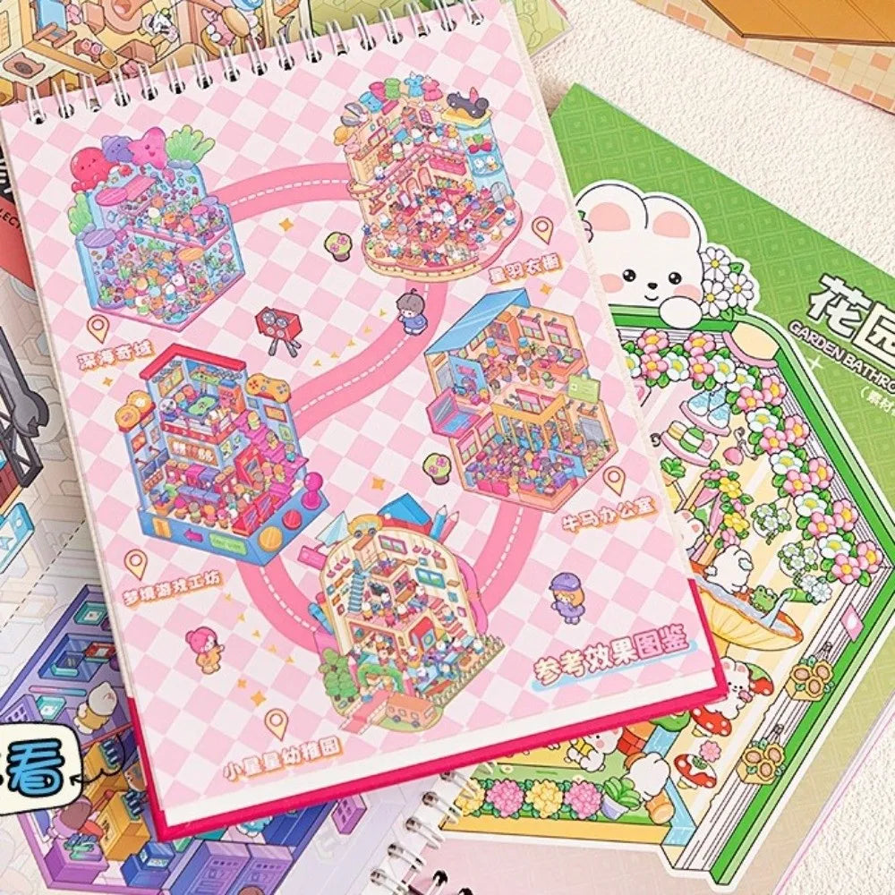 Creative Cartoon 3D Landscape Sticker Book DIY Miniature House Cabin Scene Pocket Sticker PET Sticker Cabin Scene for Kids