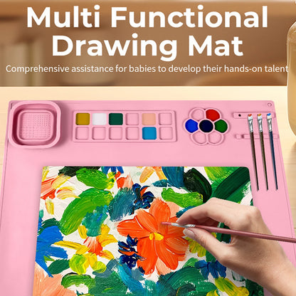 Kids Creative Studio Silicone Art Mat Painting Craft Station with Brush Cup Holder Palette Reusable Non Toxic DIY Drawing Pad